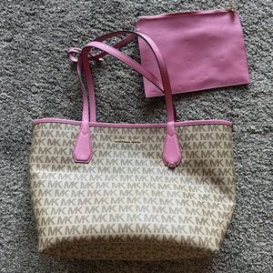Michael Kors Signature Pink Brown Cream Gold Reversible Tote with Zippered Pouch